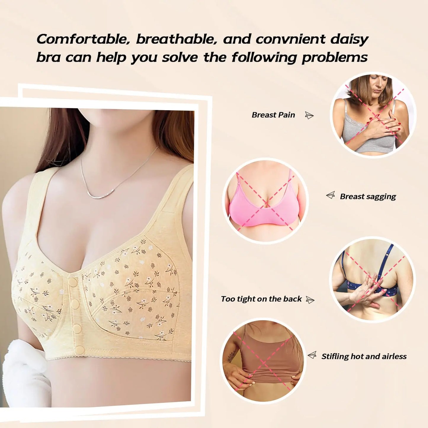 Elegant Front Buckle Floral Bra for Women – 7-Piece Set, Pressurized Support, Adjustable, Breathable, Ideal for Breastfeeding