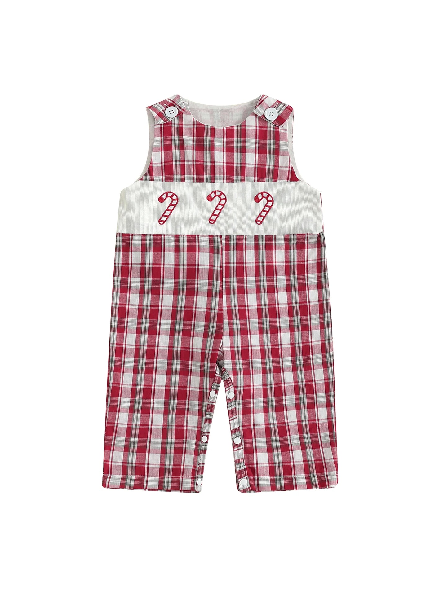 Baby Boy Christmas Romper Loose Fit Embroidered Plaid Crew Neck Sleeveless Infant Boy Jumpsuit