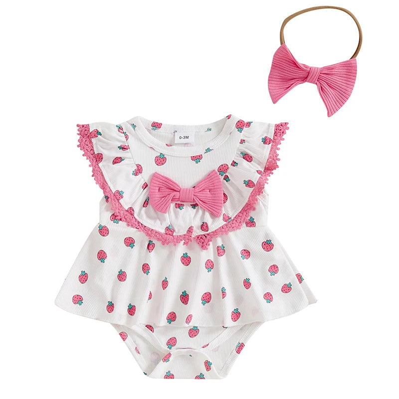 Adorable Baby Girl Set Sleeveless Heart Strawberry Print Romper Dress with Matching Bowknot Hairband - Cute Summer Outfit