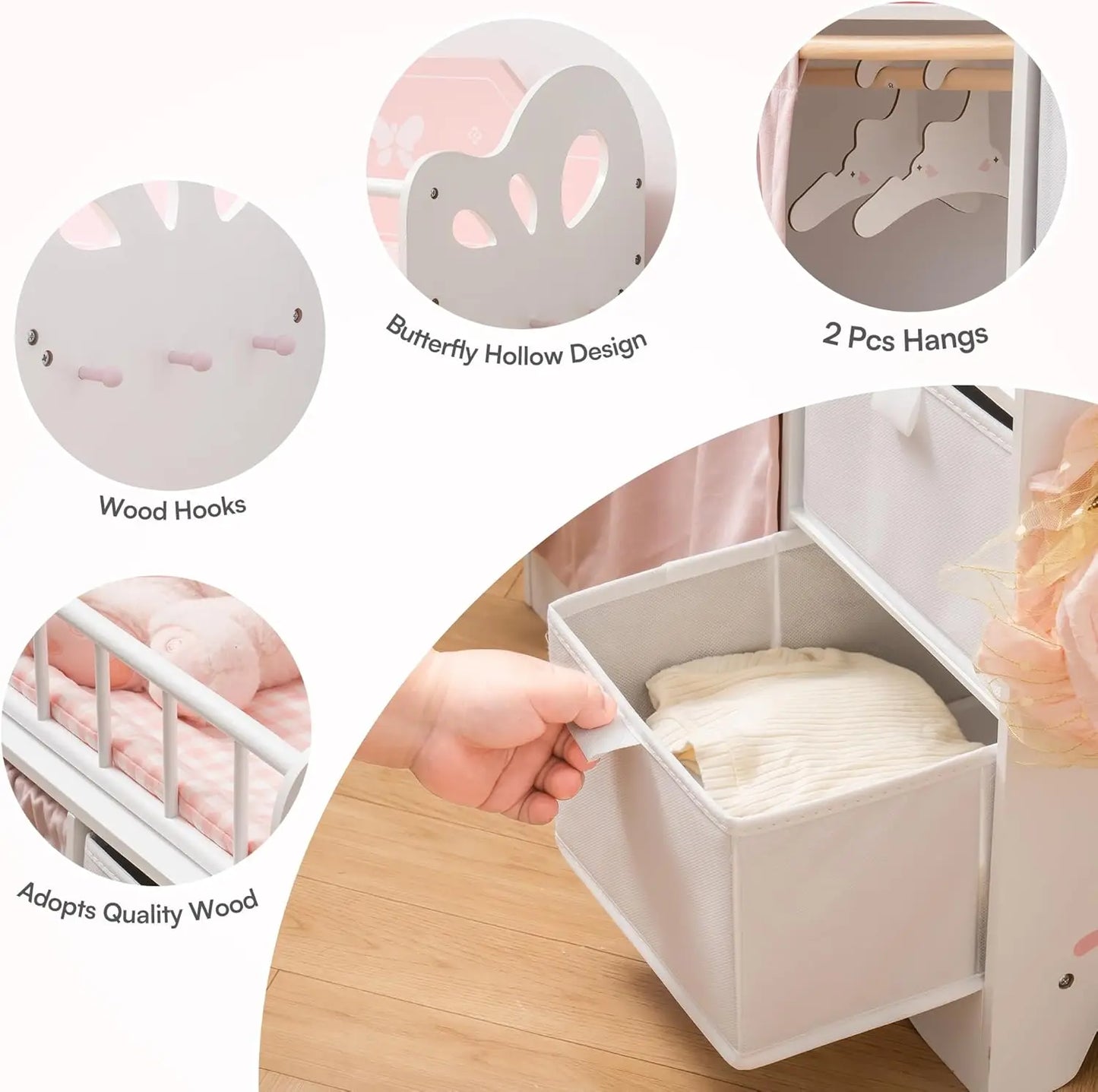 Robotime Baby Doll Crib Wooden Toy Baby Crib with Storage Bedding Wooden Hooks Doll Crib Fits Dolls up to 21" for Girls 3+ Pink