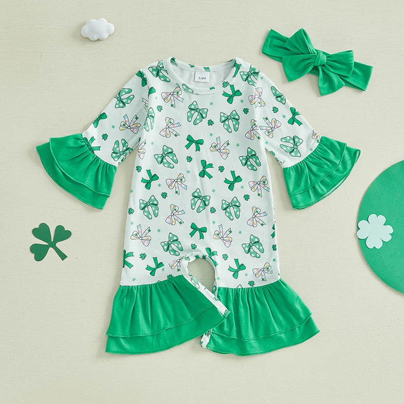 Adorable Baby Girls St Patrick s Day Shamrock Romper with Ruffle Sleeves and Matching Headband Set for Infant Toddler