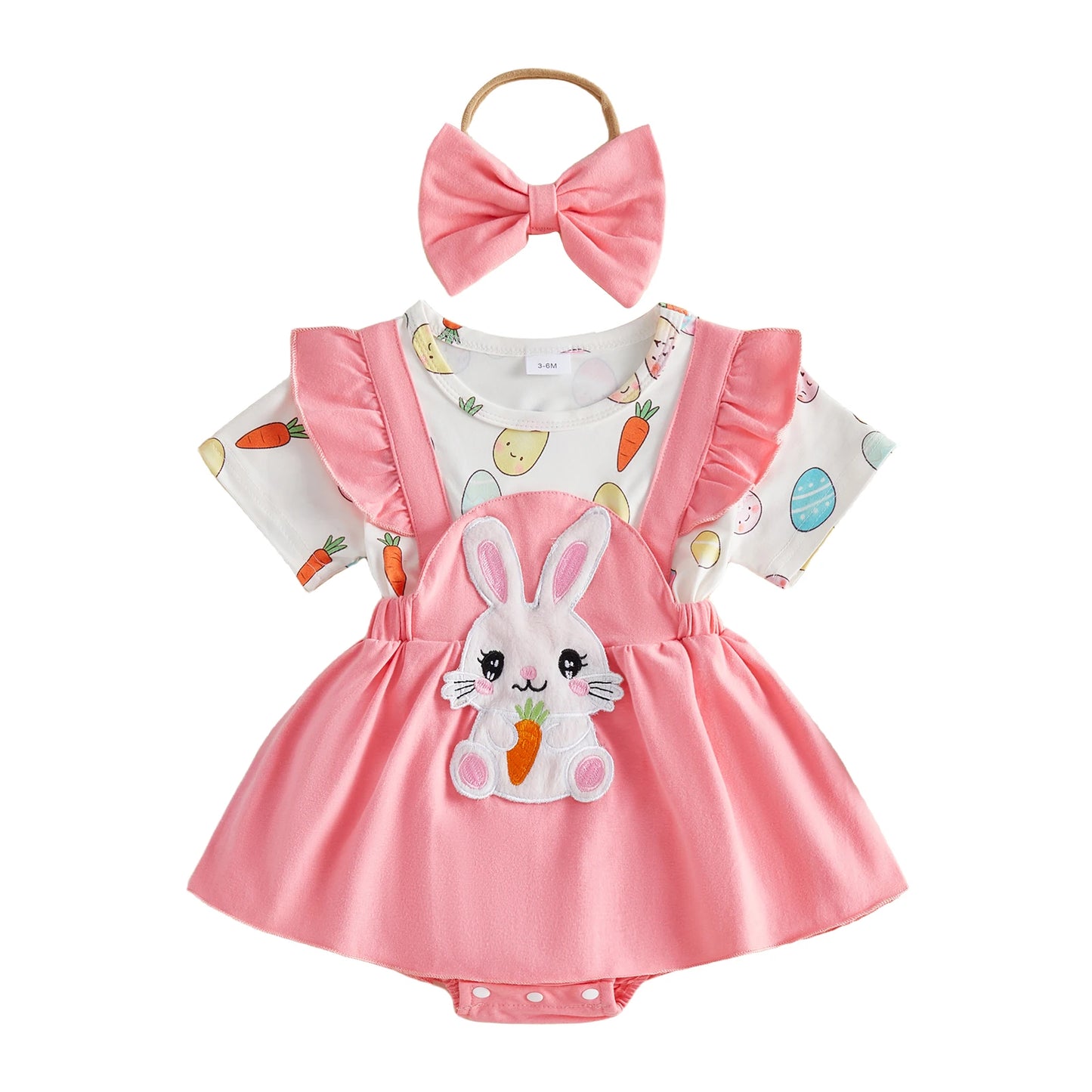 Adorable Toddler Easter Dress with Bunny and Carrot Applique Short Sleeve Romper with Matching Bow Headband - 2 Piece Set for