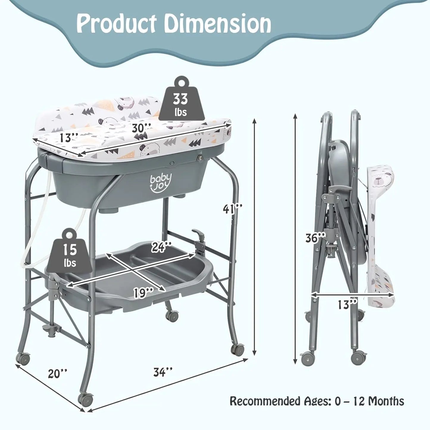 Baby Bathtub with Changing Table, Foldable Infant Diaper Changing Station with Storage Tray, Waterproof Pad, Portable
