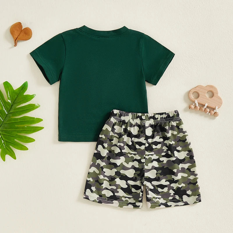 Toddler Boy Summer Outfit Dinosaur Print Short Sleeve T-shirts and Denim Shorts 2 Piece Set for Baby Boys