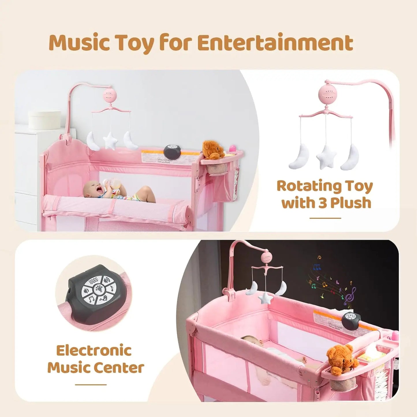 9-in-1 Convertible Baby Bassinet with Changing Table, Music Center, Mosquito Net & Storage - Pink