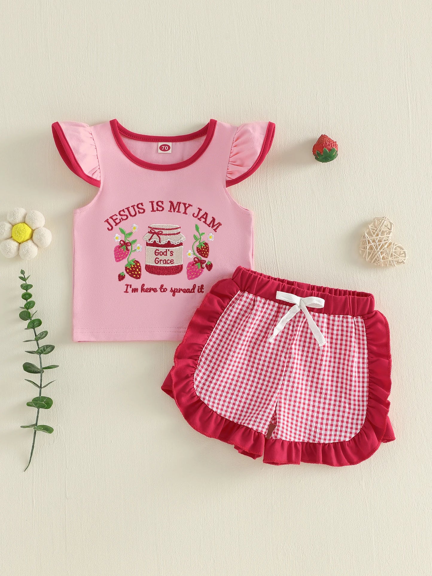 Adorable Infant Girl s Summer Ensemble with Cute Strawberry Embroidered Flutter Sleeve Blouse and Plaid Shorts with Ruffle
