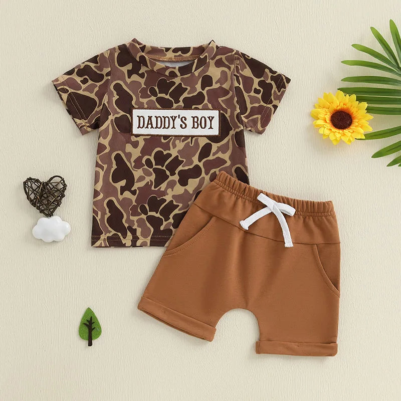 Boys Summer Outfit Set with Short Sleeve Camouflage Top and Drawstring Shorts O Neck Design for Comfort and Style