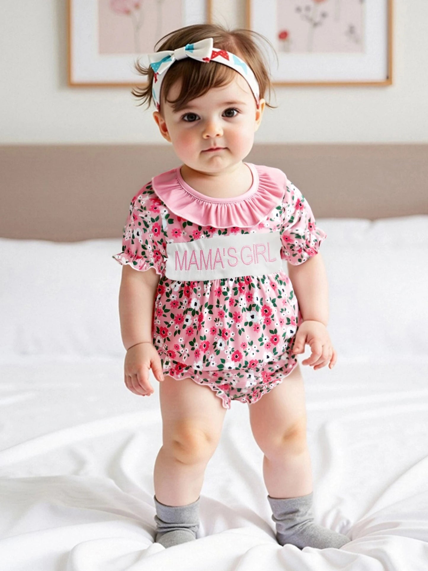 Adorable Baby Girls Rompers with Cute Letter Embroidery and Floral Print Featuring Ruffles and Round Neck Short Sleeve Infant