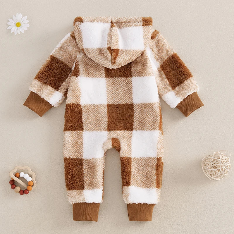 Toddler Striped Hooded Soft Fleece Button-up Cozy Winter Romper with Pockets and Footies