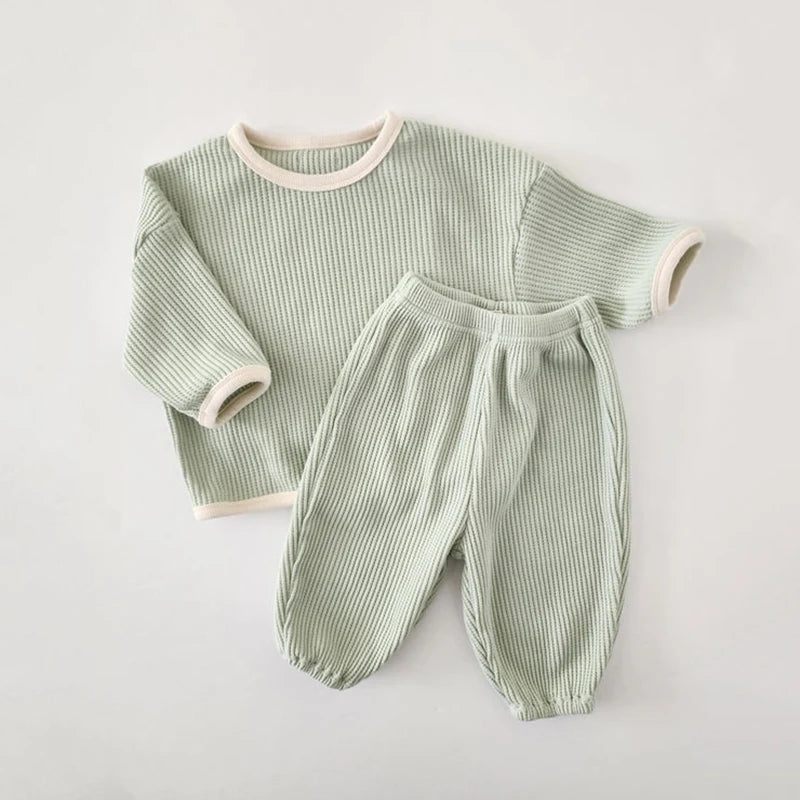 Korean Spring Autumn Children Boy Clothes Set Cotton Waffle Patched Brand Shirts Solid Infant Girl Outfit
