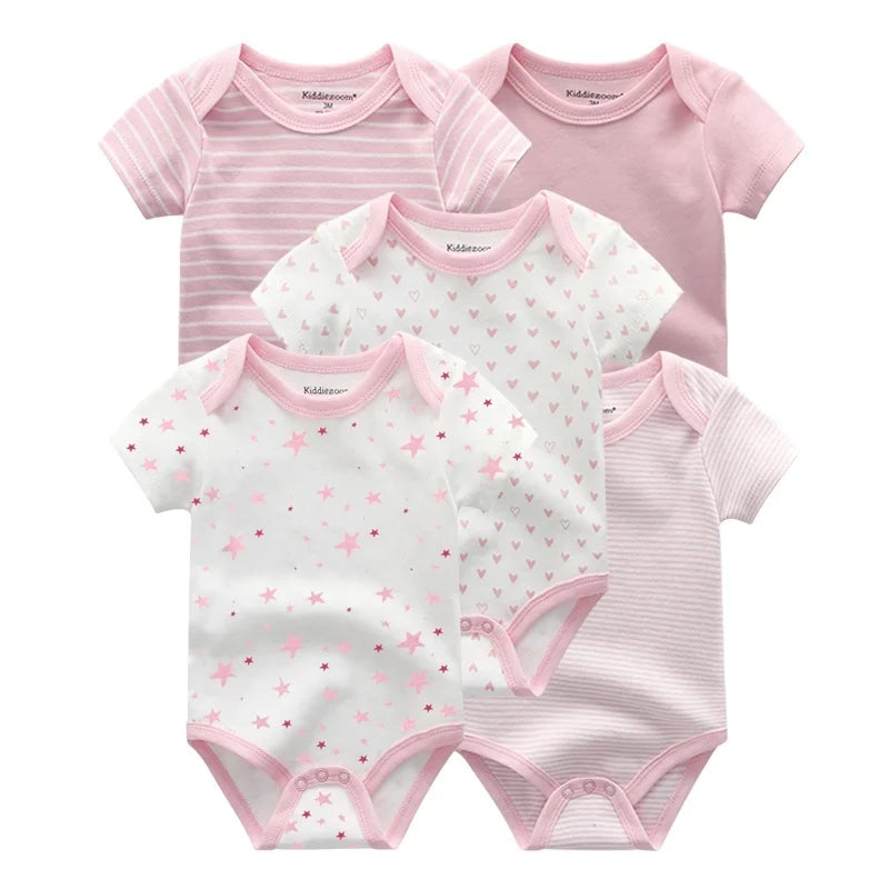 Kiddiezoom Summer 5 Piece Fashion Cartoon Boys and Girls Bodysuits 100% Cotton Soft Newborn Bodysuit Set
