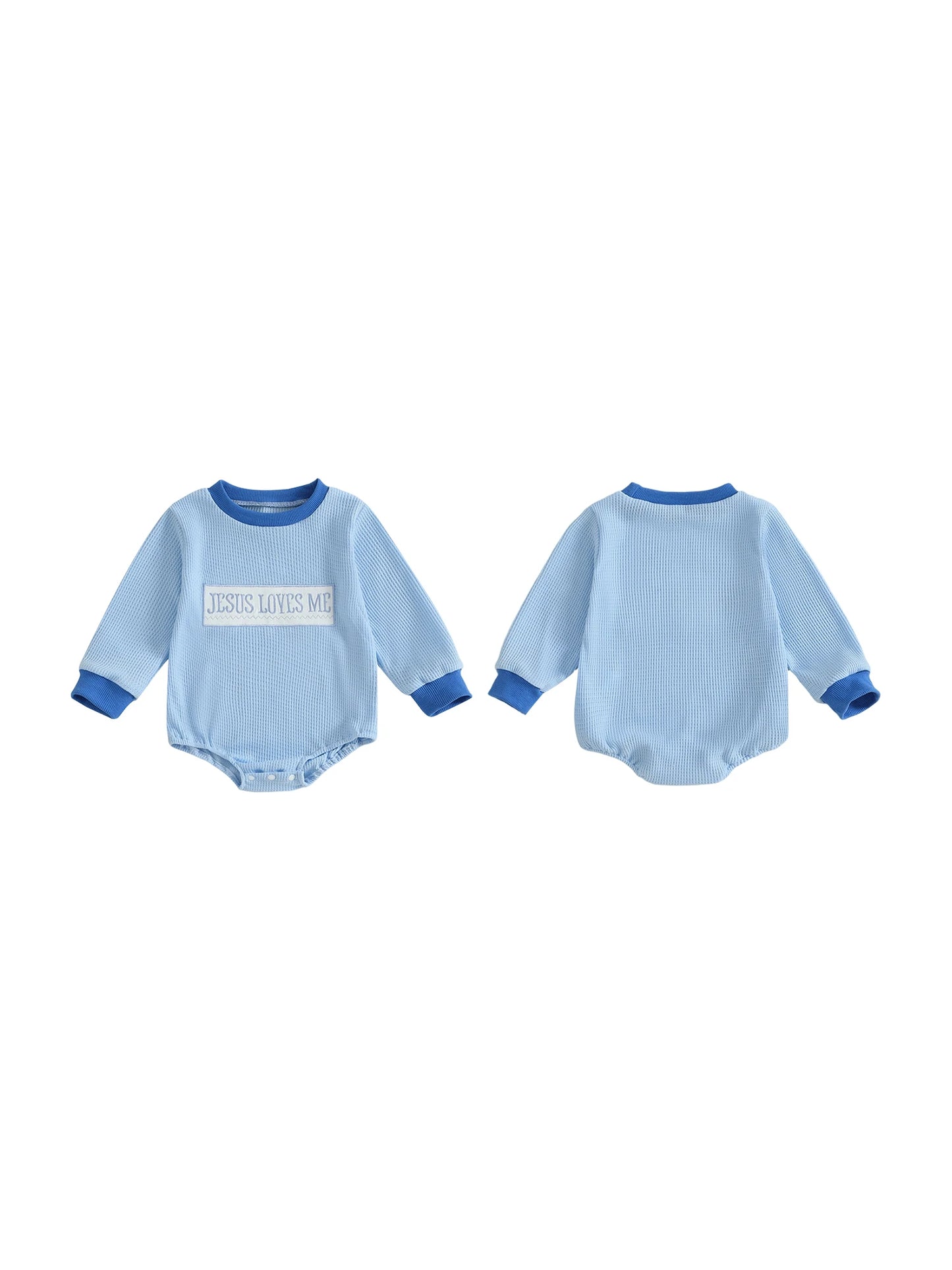 Infant Boys Fall Outfit with Long Sleeves and Round Neck Featuring Jesus Letter Embroidery on Sweatshirt Romper
