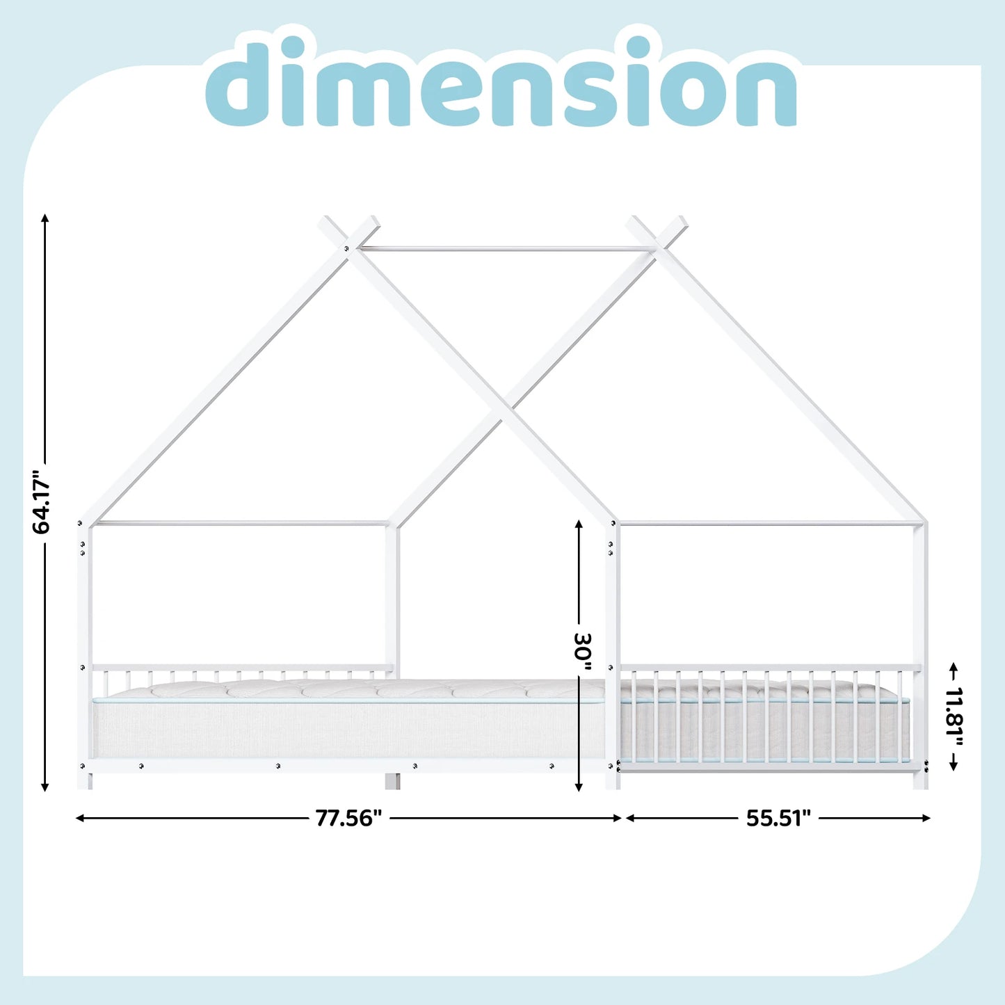 White Flat Bed House Shape with Side Guardrails Twin Children's Iron Bed