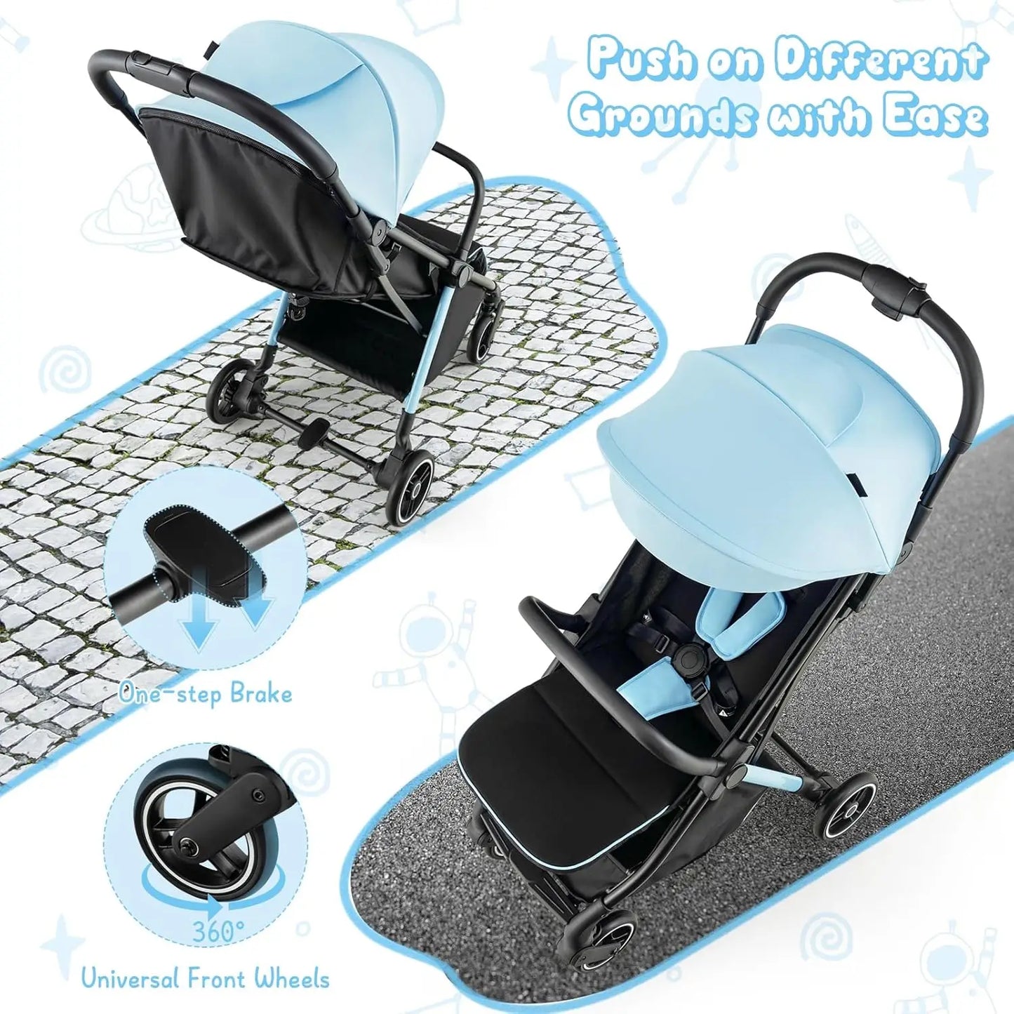 Lightweight Baby Stroller, Compact Travel for Airplane, Fits Airplane Cabin & Overhead, One-Hand Gravity Fold, Self-Standing