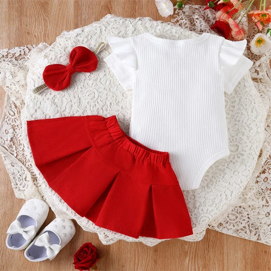 Adorable Baby Girl Summer Outfit Set with Short Sleeve Romper Mini Skirt and Bow Headband - 3 Piece Set Featuring Letter Print
