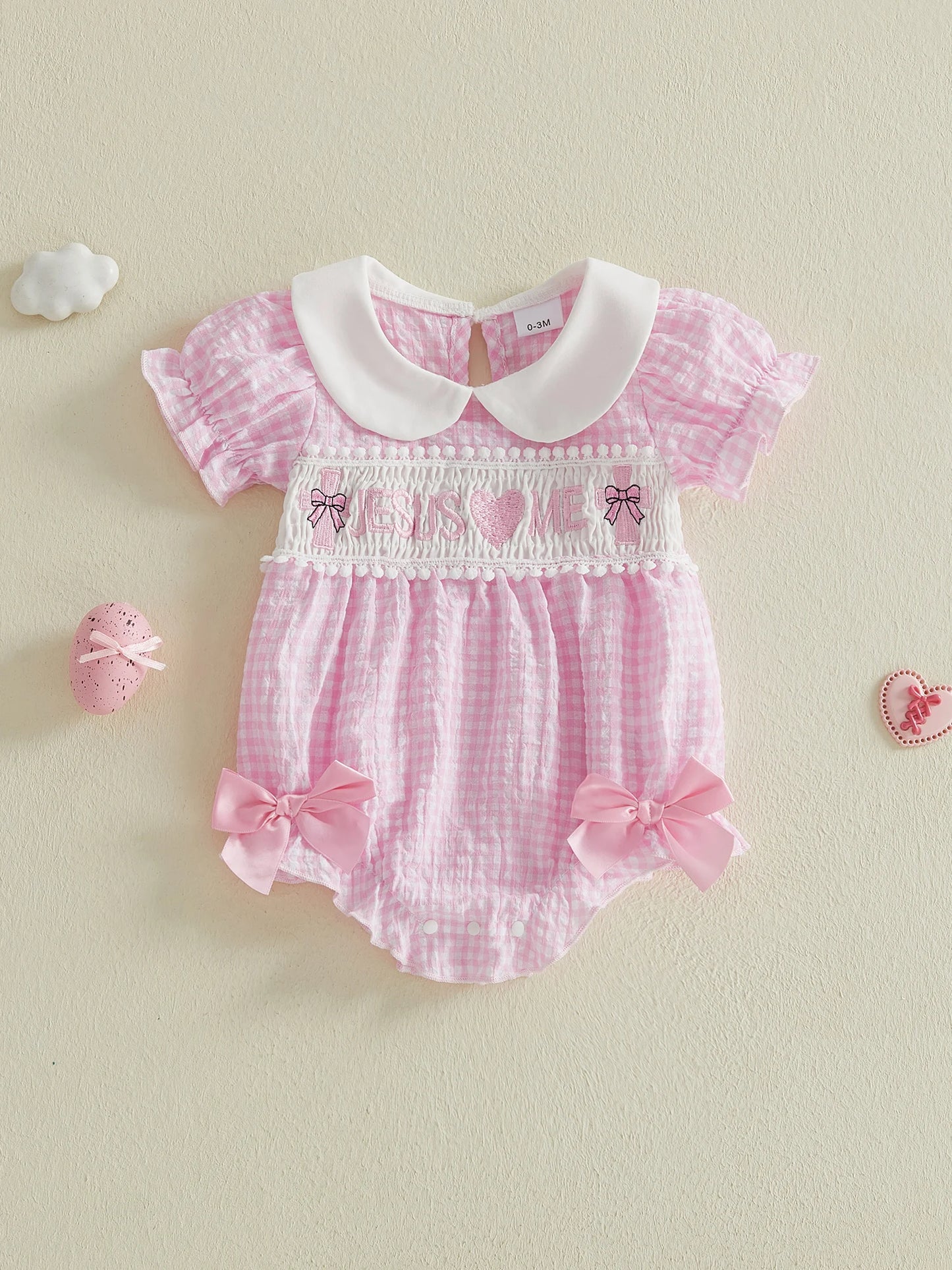 Stylish Baby Girls Summer Romper with Cute Heart Embroidery Short Sleeves Doll Collar and Trendy Plaid Design Jumpsuit