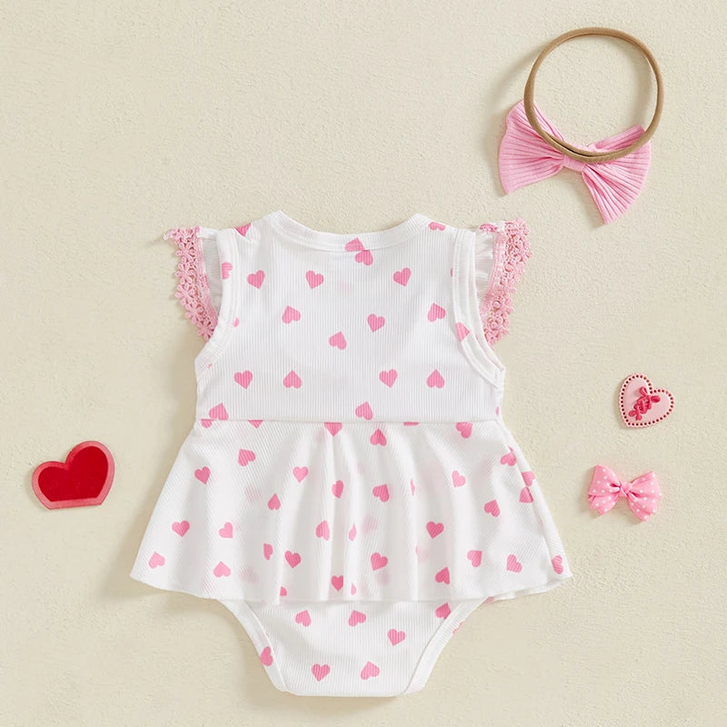 Adorable Baby Girl Set Sleeveless Heart Strawberry Print Romper Dress with Matching Bowknot Hairband - Cute Summer Outfit