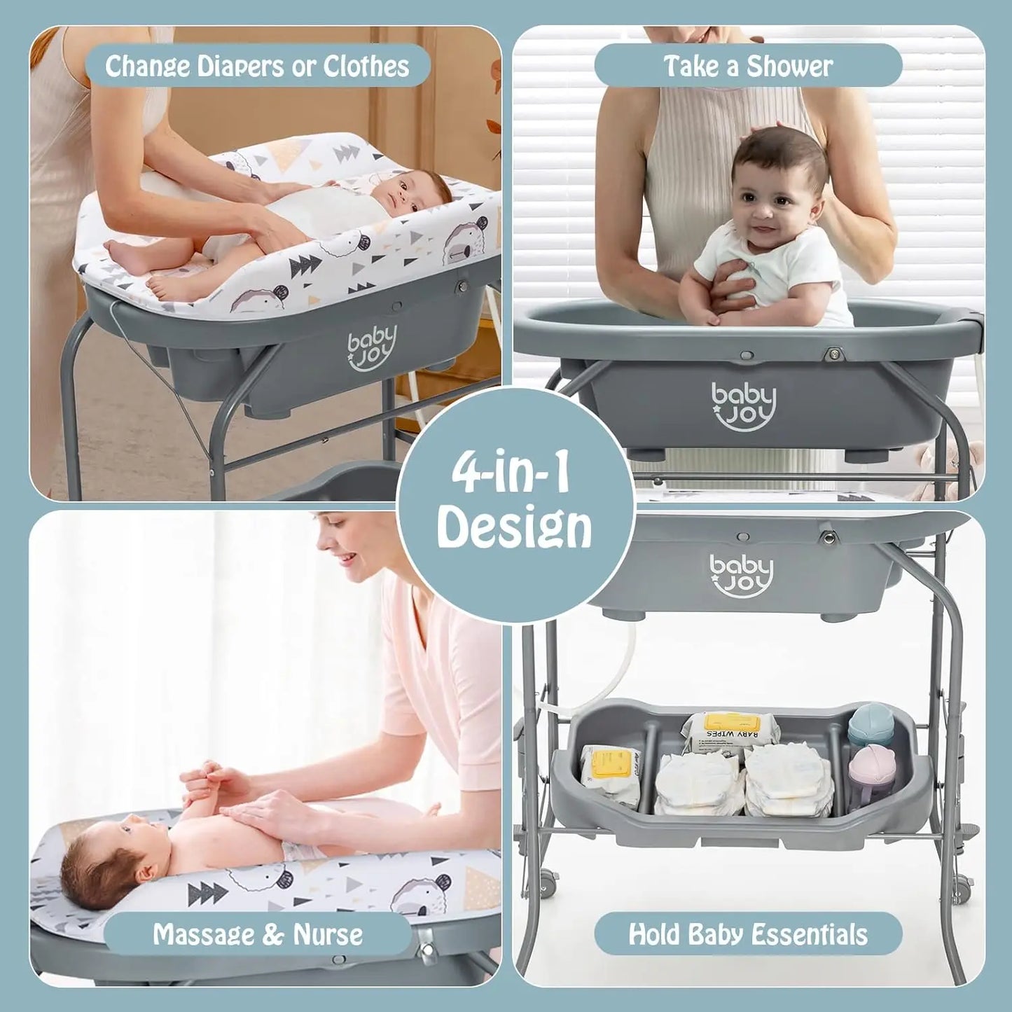 Baby Bathtub with Changing Table, Foldable Infant Diaper Changing Station with Storage Tray, Waterproof Pad, Portable