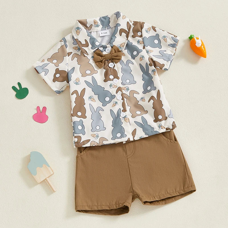 Easter Bunny Print Toddler Boy Short Sleeve Shirt and Shorts Set with Button-up Bow Tie and Elastic Waistband