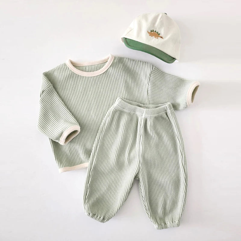 Korean Spring Autumn Children Boy Clothes Set Cotton Waffle Patched Brand Shirts  Solid  Infant Girl Outfit