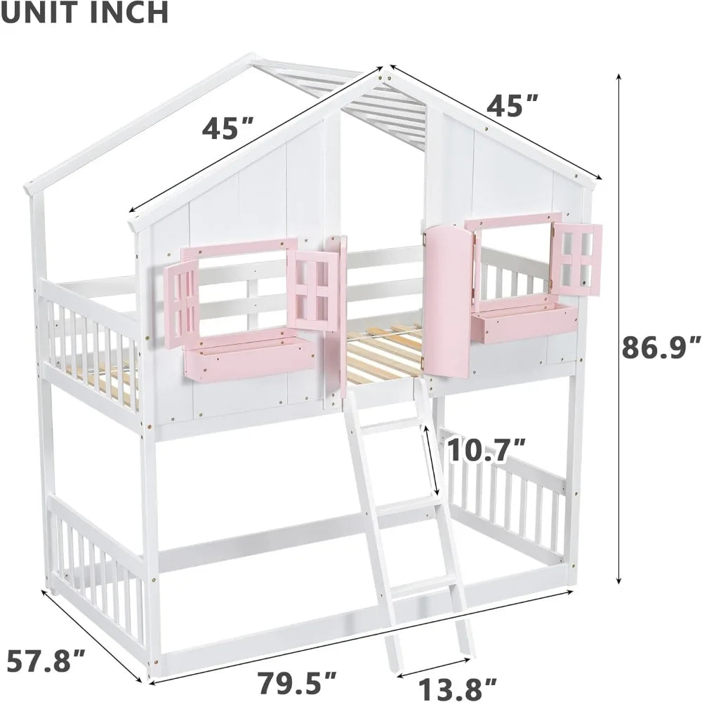 Floor House Bunk Bed with Roof and Window,Built-in Storage Box,Wooden Guardrails with Door/Ladder,Low Bunker Bed Twin Over Twin