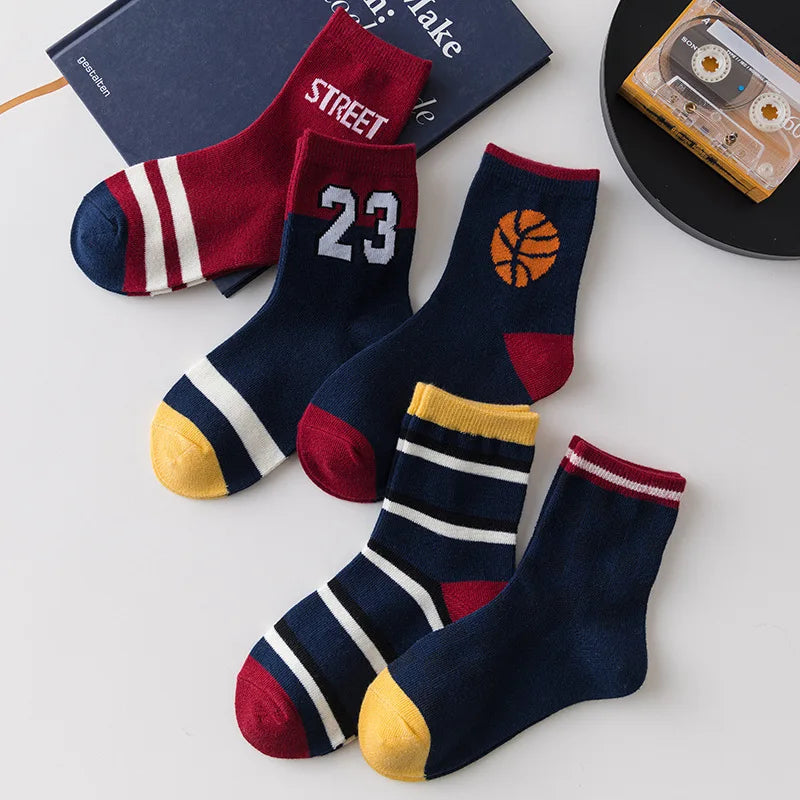 5 Pairs Kids Boys Pure Cotton Socks Children Baby Toddler Sport Basketball Socks School Student Spring Autumn Soft Mid Tube Sock