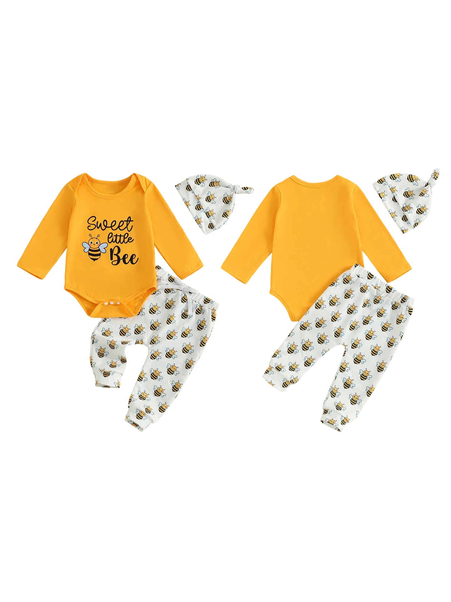Autumn Baby Boy Girl Bee Costume Set with Long Sleeve Romper Elastic Waist Pants and Knotted Hat - 3 Piece Outfit
