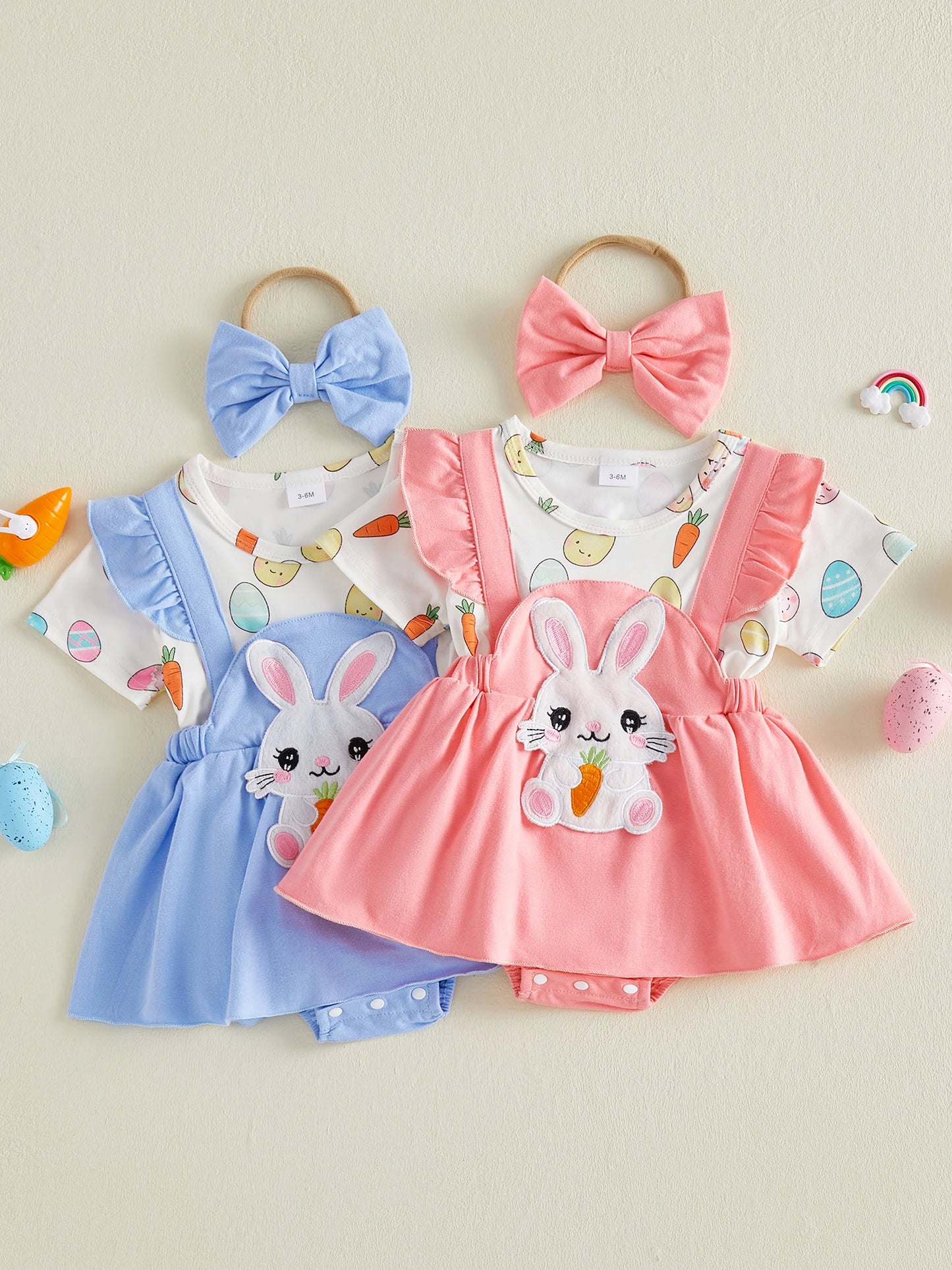 Adorable Toddler Easter Dress with Bunny and Carrot Applique Short Sleeve Romper with Matching Bow Headband - 2 Piece Set for