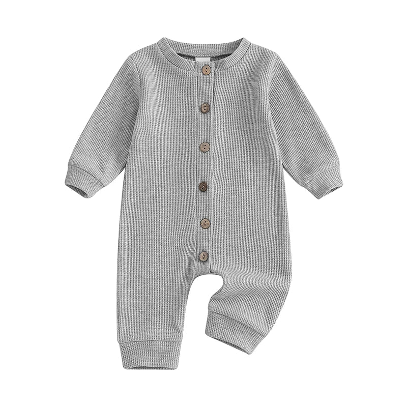 Infant Toddler Unisex Autumn  Soft Ribbed Texture Full Sleeve Round Neck Front Button Closure Playsuit