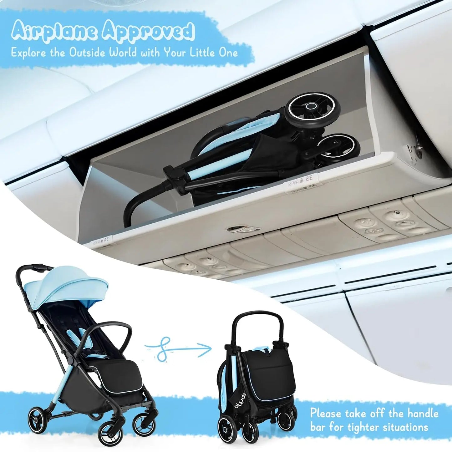 Lightweight Baby Stroller, Compact Travel for Airplane, Fits Airplane Cabin & Overhead, One-Hand Gravity Fold, Self-Standing