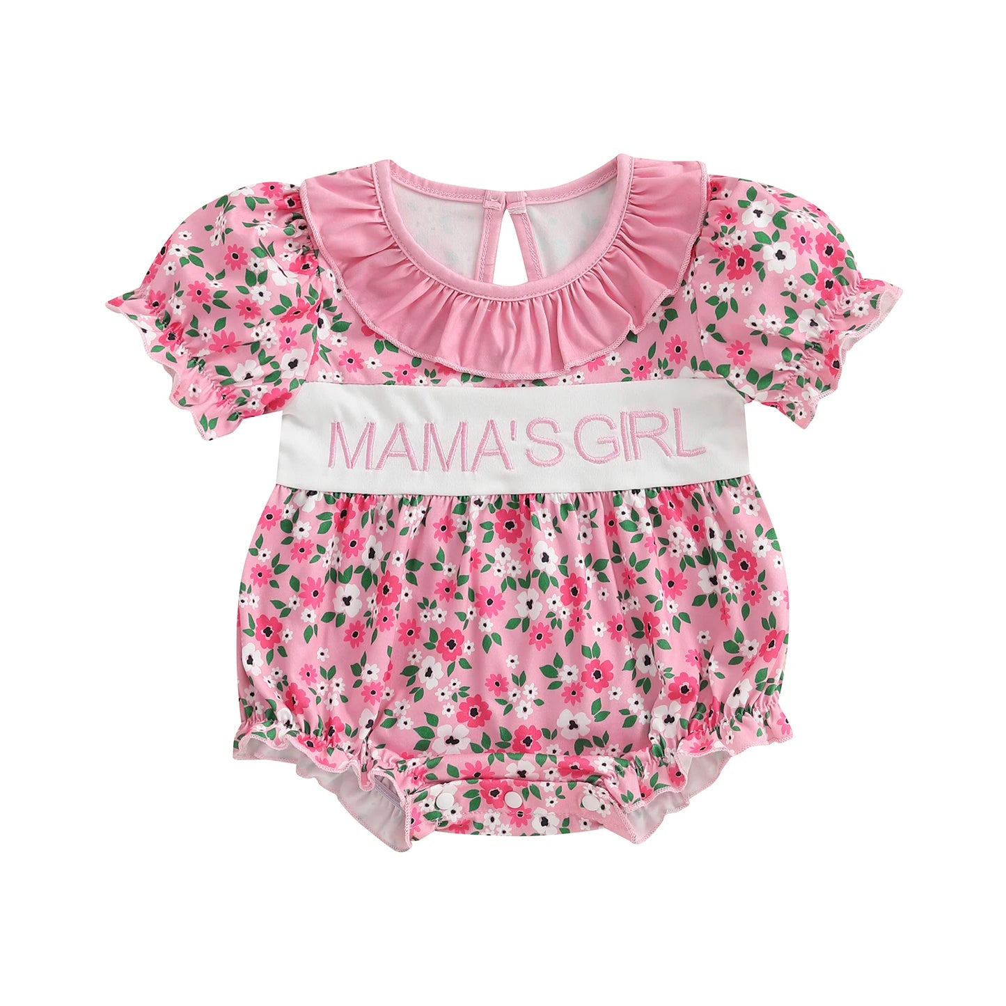 Adorable Baby Girls Rompers with Cute Letter Embroidery and Floral Print Featuring Ruffles and Round Neck Short Sleeve Infant