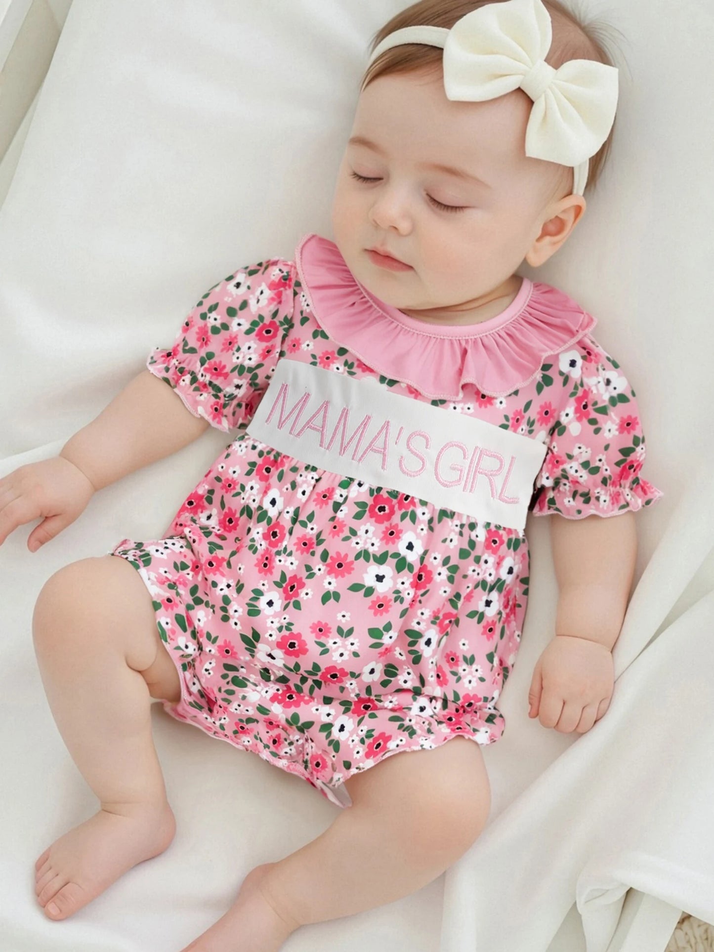 Adorable Baby Girls Rompers with Cute Letter Embroidery and Floral Print Featuring Ruffles and Round Neck Short Sleeve Infant