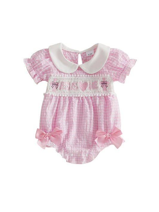 Stylish Baby Girls Summer Romper with Cute Heart Embroidery Short Sleeves Doll Collar and Trendy Plaid Design Jumpsuit