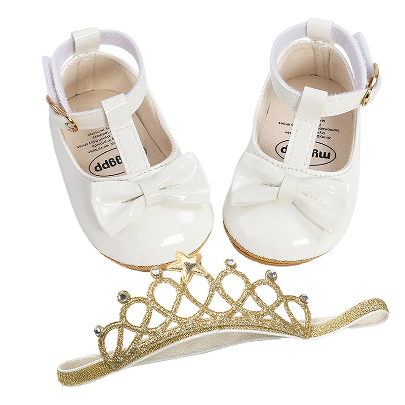 Cute Baby Girl s Glitter Sneakers with  Strap and Matching Bow Headband Set for Stylish Toddlers
