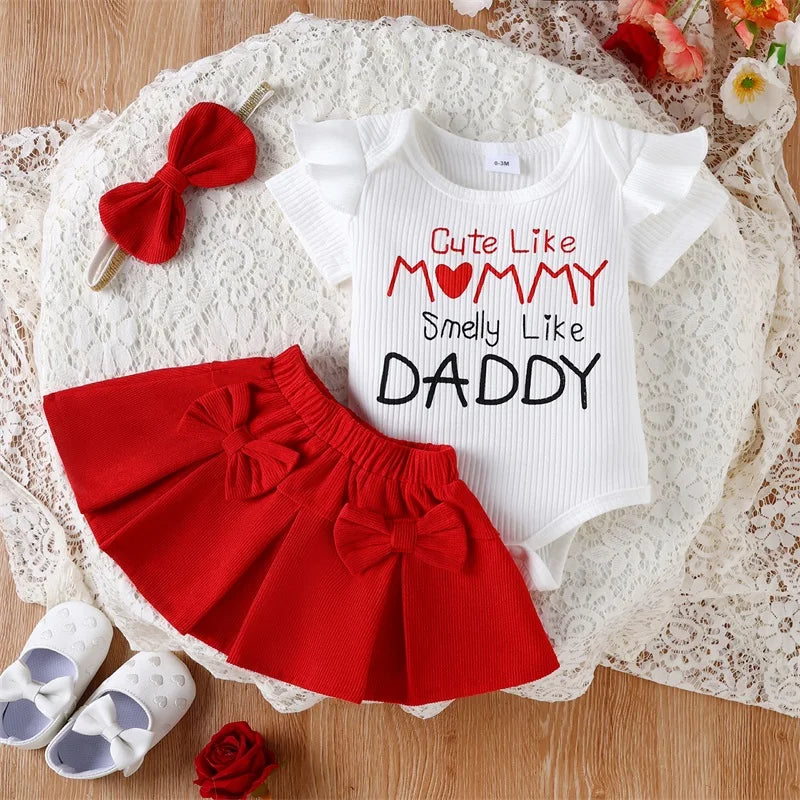 Adorable Baby Girl Summer Outfit Set with Short Sleeve Romper Mini Skirt and Bow Headband - 3 Piece Set Featuring Letter Print