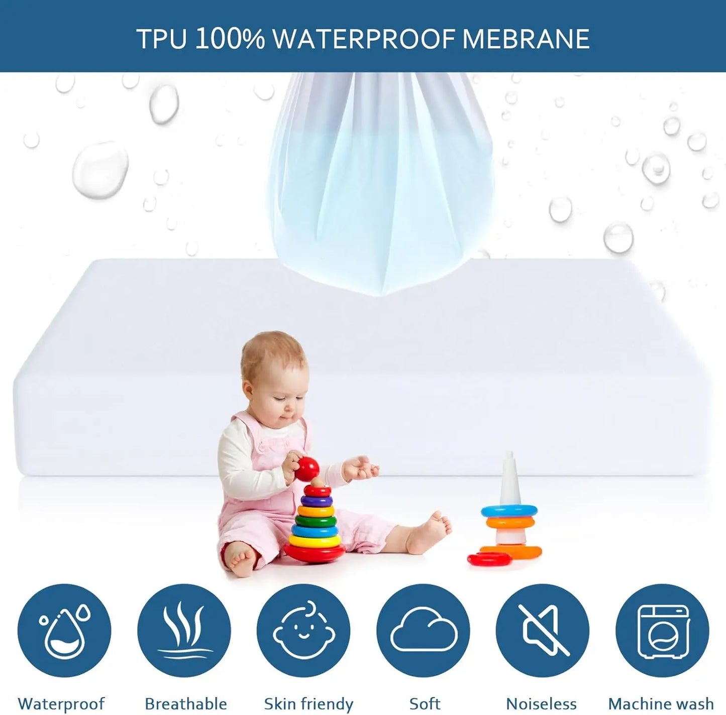 Waterproof Crib Mattress Protector, Breathable Noiseless Cover for Kids, Fitted Sheet with Elastic Skirt, 2 Pack
