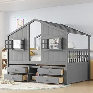 Floor House Bunk Bed with Roof and Window,Built-in Storage Box,Wooden Guardrails with Door/Ladder,Low Bunker Bed Twin Over Twin