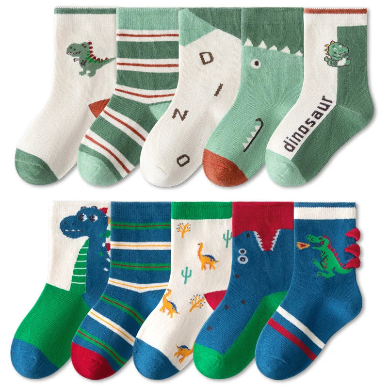 5/10 pairs/lot Kids Socks Sets for Boys 2025 Cartoon Dinosaur Print Children Ankle Short Breathable Cotton Toddler Floor Sock