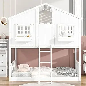 Floor House Bunk Bed with Roof and Window,Built-in Storage Box,Wooden Guardrails with Door/Ladder,Low Bunker Bed Twin Over Twin