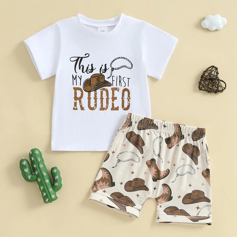 Infant Cowboy Style Shirt and Shorts Set for Little Boys Western Theme Outfit with Letter Print Tee and Boot Shorts 2 Piece