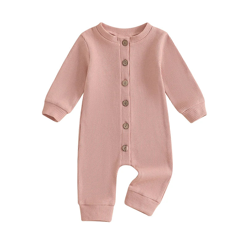 Infant Toddler Unisex Autumn  Soft Ribbed Texture Full Sleeve Round Neck Front Button Closure Playsuit