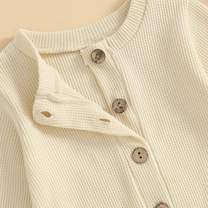 Infant Toddler Unisex Autumn  Soft Ribbed Texture Full Sleeve Round Neck Front Button Closure Playsuit