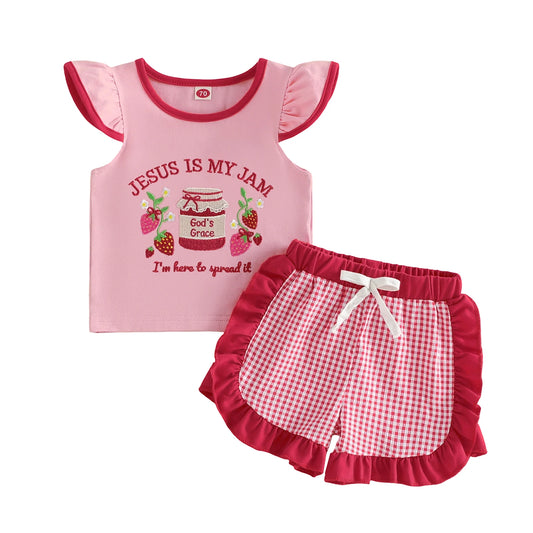 Adorable Infant Girl s Summer Ensemble with Cute Strawberry Embroidered Flutter Sleeve Blouse and Plaid Shorts with Ruffle