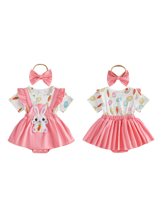 Adorable Toddler Easter Dress with Bunny and Carrot Applique Short Sleeve Romper with Matching Bow Headband - 2 Piece Set for