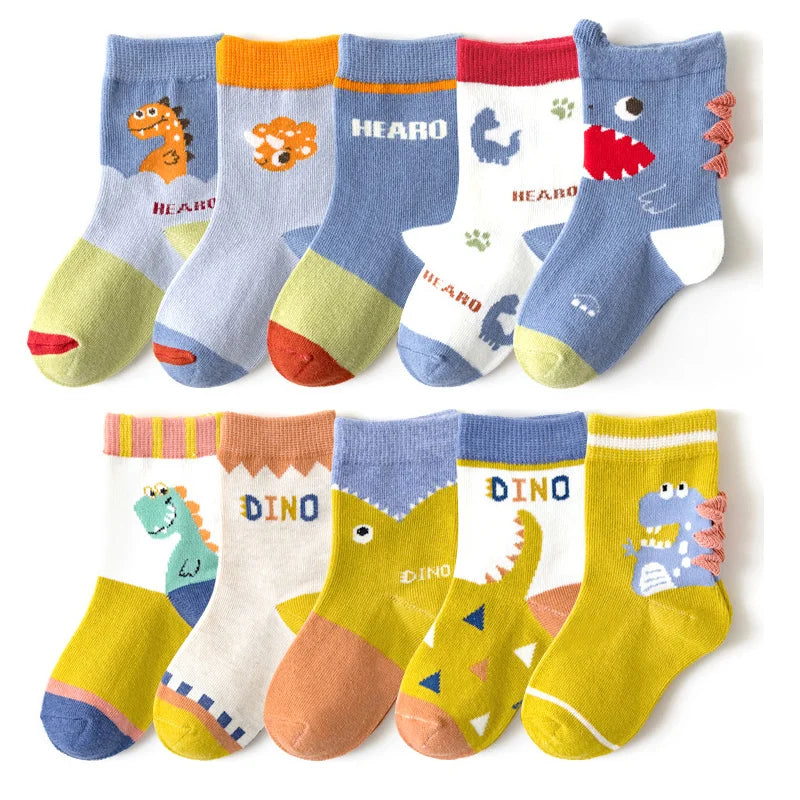 5/10 pairs/lot Kids Socks Sets for Boys 2025 Cartoon Dinosaur Print Children Ankle Short Breathable Cotton Toddler Floor Sock