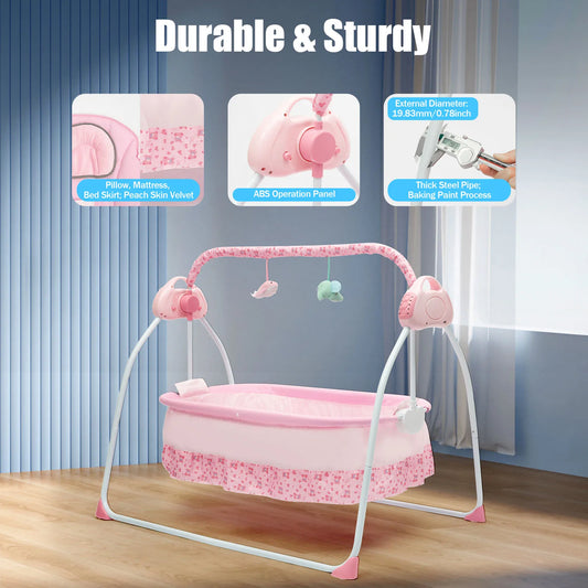 Electric Baby Crib Cradle, 0-18 Monthsinfant Bed, 25kg/55lbs Capacity, Foldable Baby Cradle Swing for Home/Travel（pink）