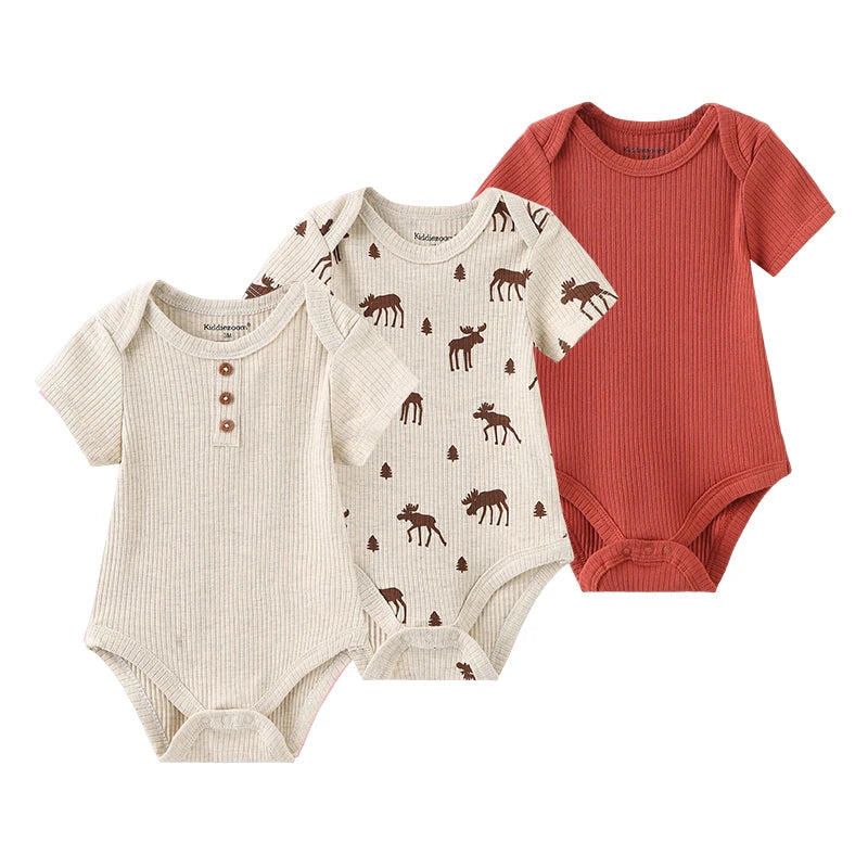 Kiddiezoom unisex summer three piece fashionable cartoon boy and girl jumpsuit 100% pure cotton comfortable newborn set
