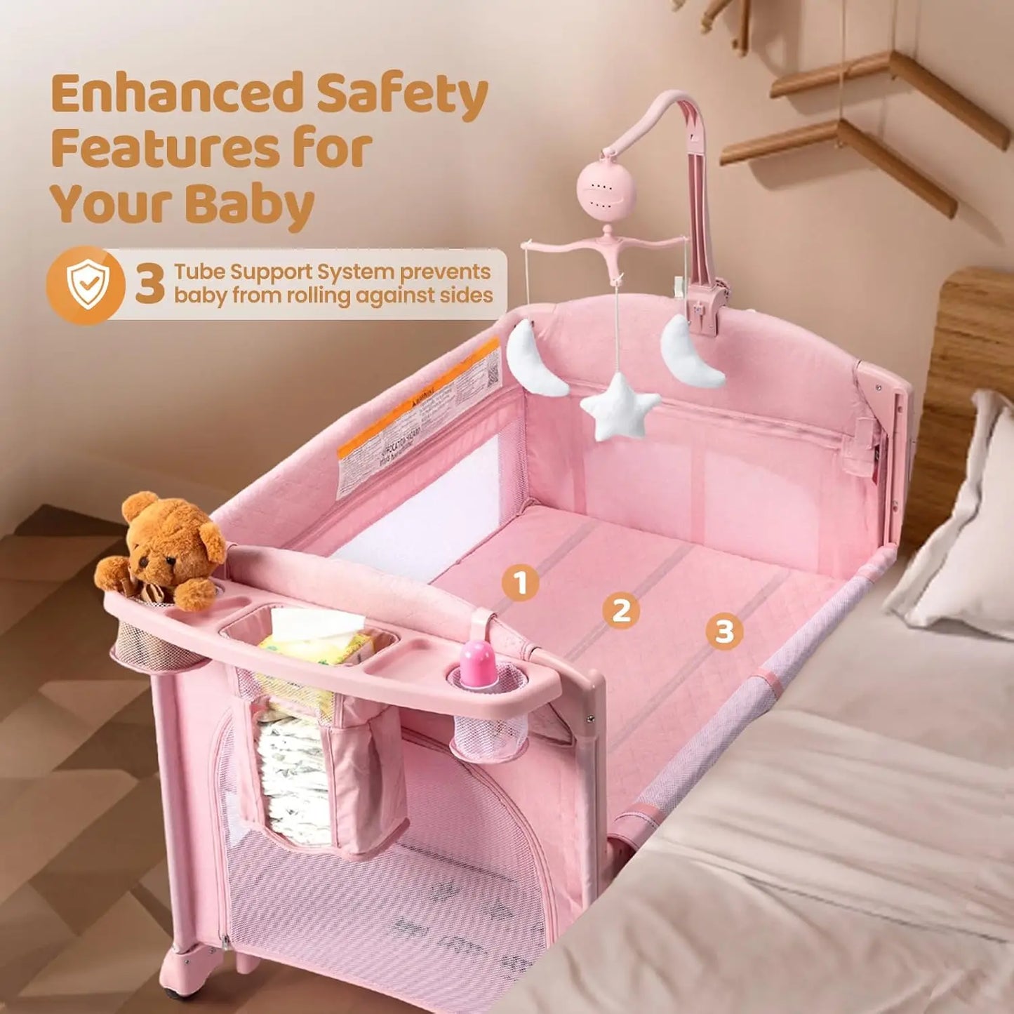 9-in-1 Convertible Baby Bassinet with Changing Table, Music Center, Mosquito Net & Storage - Pink