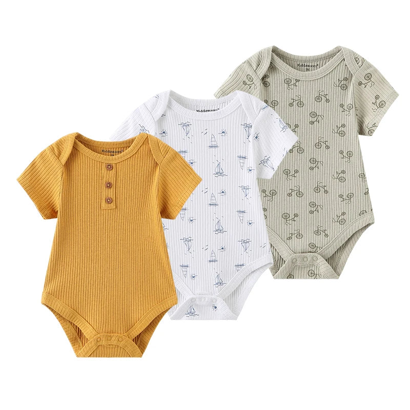Kiddiezoom unisex summer three piece fashionable cartoon boy and girl jumpsuit 100% pure cotton comfortable newborn set