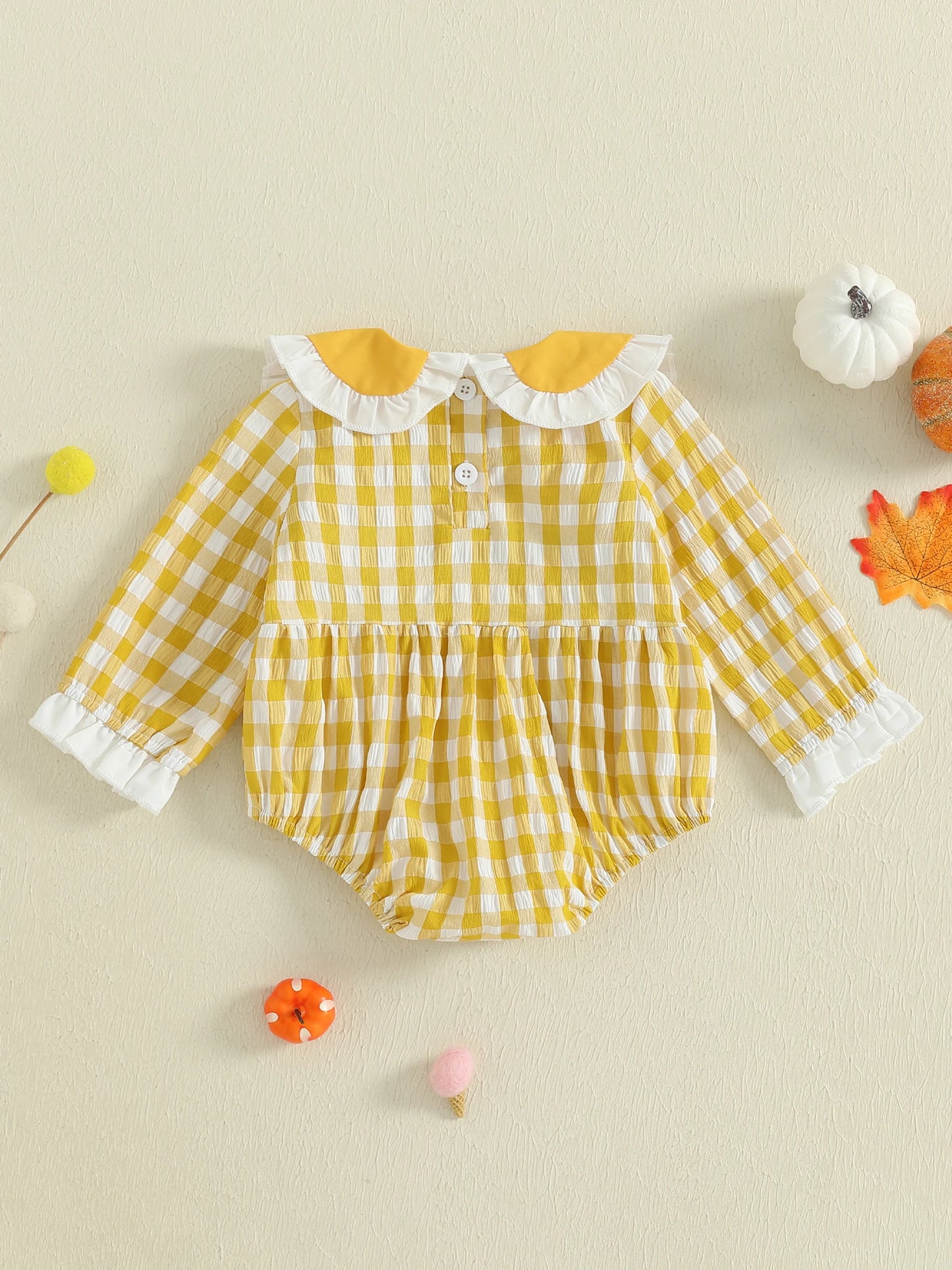 Adorable Toddler Girls Halloween Costume Pumpkin Embroidery Plaid Romper with Doll Collar and Long Sleeves for Infant Baby